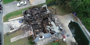 WASHINGTON (Sept. 24, 2019) ¬— Ariel view of a burned-out home impacted by the Sept. 13, 2018 natural gas explosion and fire in Merrimack Valley, Massachusetts. The photo taken on Sept. 13, 2018 was captured by a drone operated by an NTSB investigator to document the damaged caused by the explosions and fires. (NTSB photo).